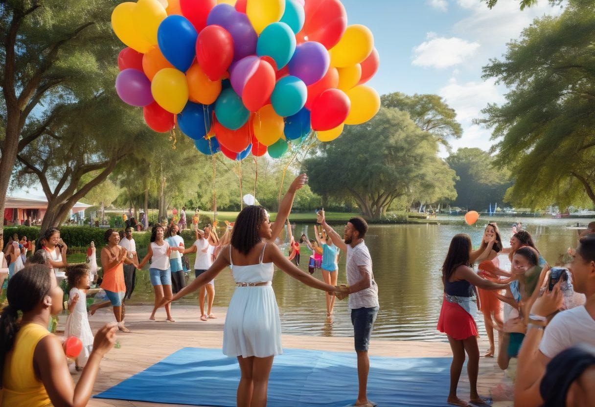 A vibrant community gathering in Lauderdale Lakes, showcasing diverse groups of people celebrating love and unity, with colorful banners, balloons, and joyful expressions. Include a scenic lake view in the background with lush greenery and soft sunlight filtering through the trees. Emphasize interactive activities like group dancing and heart-shaped decorations to symbolize connection. super-realistic. vibrant colors. sunny atmosphere.