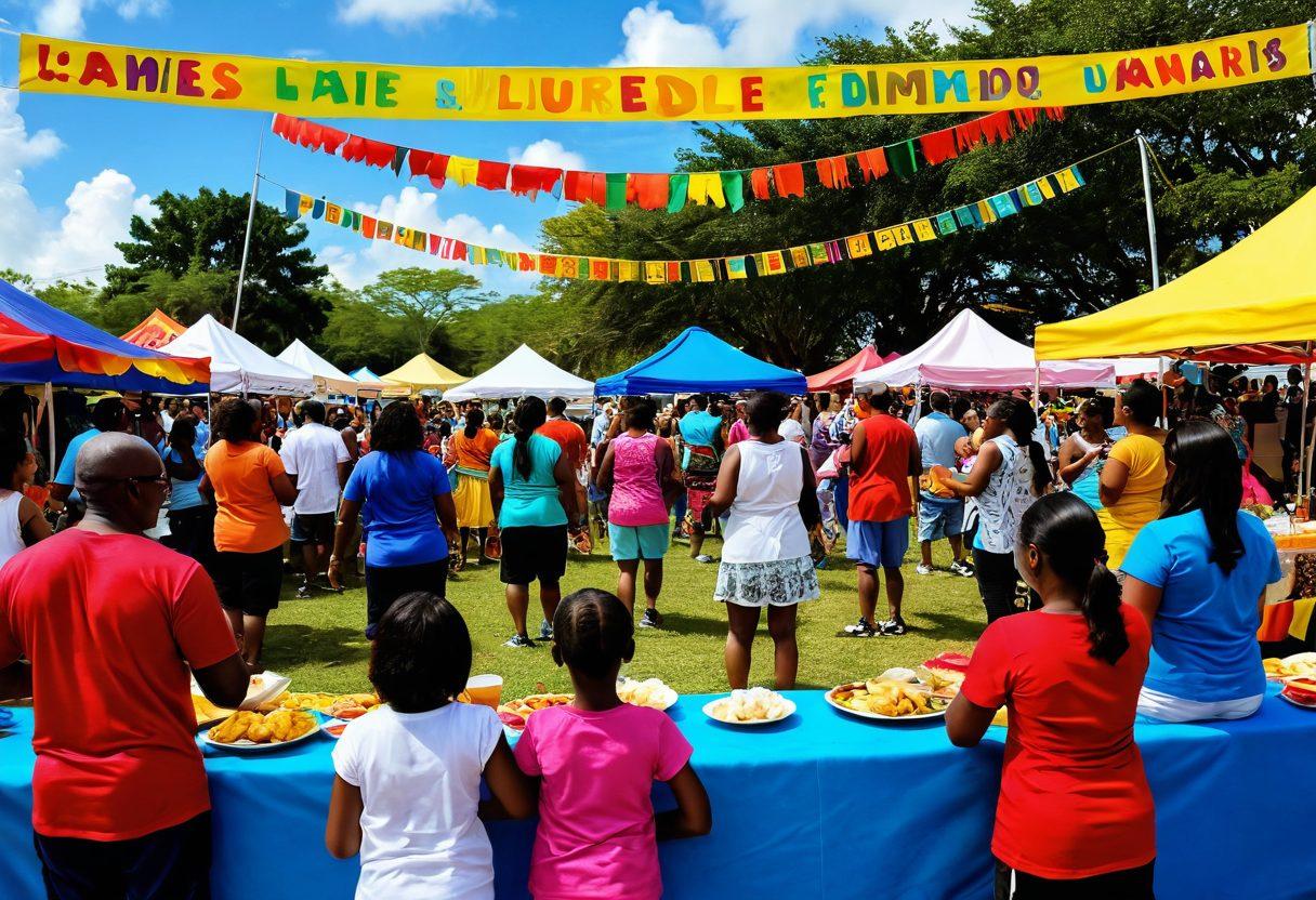 A vibrant gathering scene in Lauderdale Lakes, showcasing diverse families celebrating together in a colorful festival atmosphere. Include traditional cultural decorations, food stalls, and joyful people engaging in dance and music. Brightly colored banners flutter above, creating a sense of unity and joy, with a picturesque lake in the background reflecting the festivities. super-realistic. vibrant colors. festive atmosphere.
