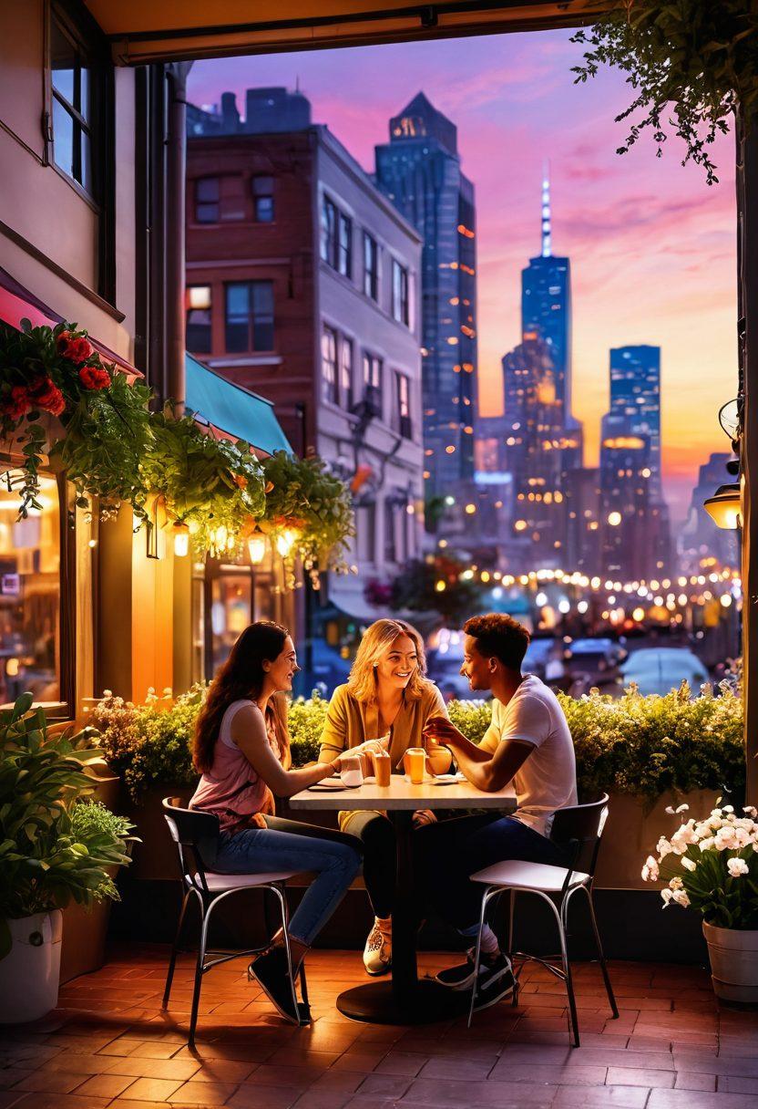 A vibrant urban setting with two friends sitting at a cozy café, sharing laughter and looking at each other with blossoming romance. The backdrop features city skyline at sunset, with colorful lights illuminating the scene. Include plants and artful decorations around them to enhance the atmosphere of connection. super-realistic. vibrant colors. sunset lighting.